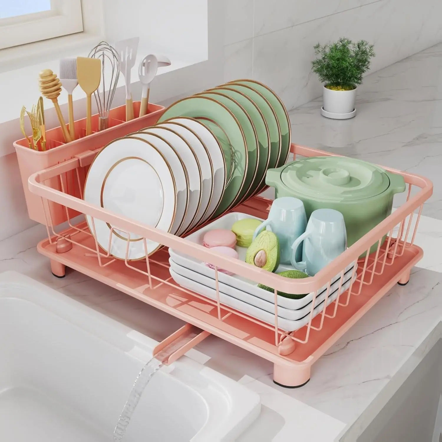 Pink Dish Drying Rack - Space-Saving Dish Rack,Dish Racks for Kitchen Counter with Drainboard, Birthday Christmas Day Mothers Day Thanksgiving Gifts for Mom Grandma Wife Kitchen Enthusiasts