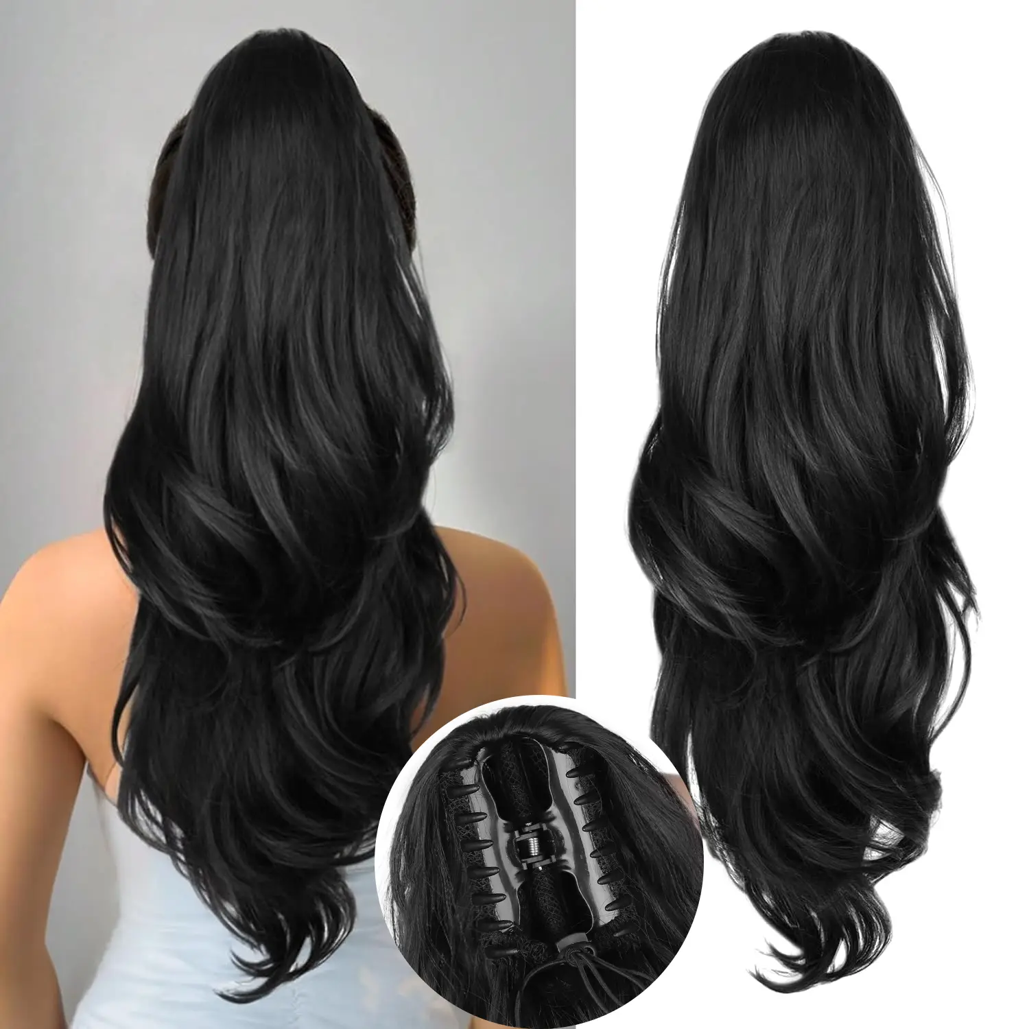 Claw Ponytail Extension, 26Inch Claw Clip in Ponytail Extension for Women Long Black Wavy Layered Pony Tails Hair Extensions Synthetic Clip in Ponytai