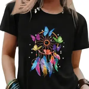 100% Cotton Unisex Boho Graphic T-Shirt with Rainbow Dreamcatcher & Butterfly Design, Everyday Wear Black T-shirt