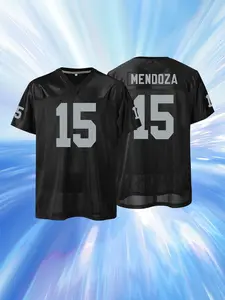 Men's #15 Mendoza Football Jersey, Black Grey Mesh Breathable V-Neck Stitched Jersey for Fans, Athletic Top
