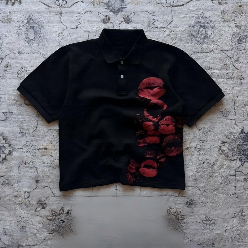 Y2K Polo Shirt Harajuku Graphic Print Rock Goth Oversized Short Sleeve T-Shirt Hip Hop Button-Down Collar Shirt Punk Casual Tee
