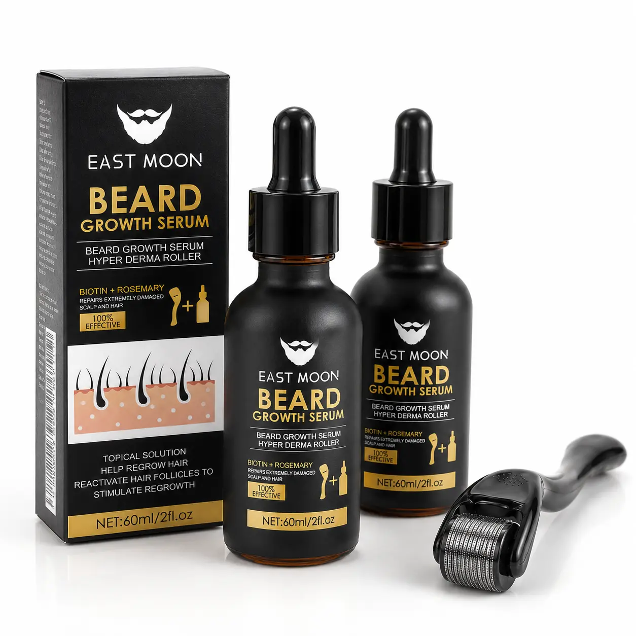Buy 1 Get 1 Free  Beard Growth Serum with Biotin&Rosemary for Hair Regrowth Hyper Derma Roller Set Home and Travel Cosmetics Set Nourishes Patchy Areas, Enhances Beard Density Appearance, Lightweight&Portable Care daily care product thicker facial