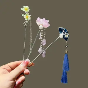 Female Alloy Hairpin With Long Tassel Chinese Style Hair Stick Blue Petal Headwear Fairy Pearl Cheongsam Decor Haie Bun Jewelry