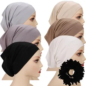 Wide-Brim Muslim Hijab Bonnets 7-Piece Set – Polyester Knit Turbans with Elastic, Moisture-Wicking, Fitted Fit, Includes 1 Large Scrunchie, Viscose – All-Season Religious Headwear for Ramadan