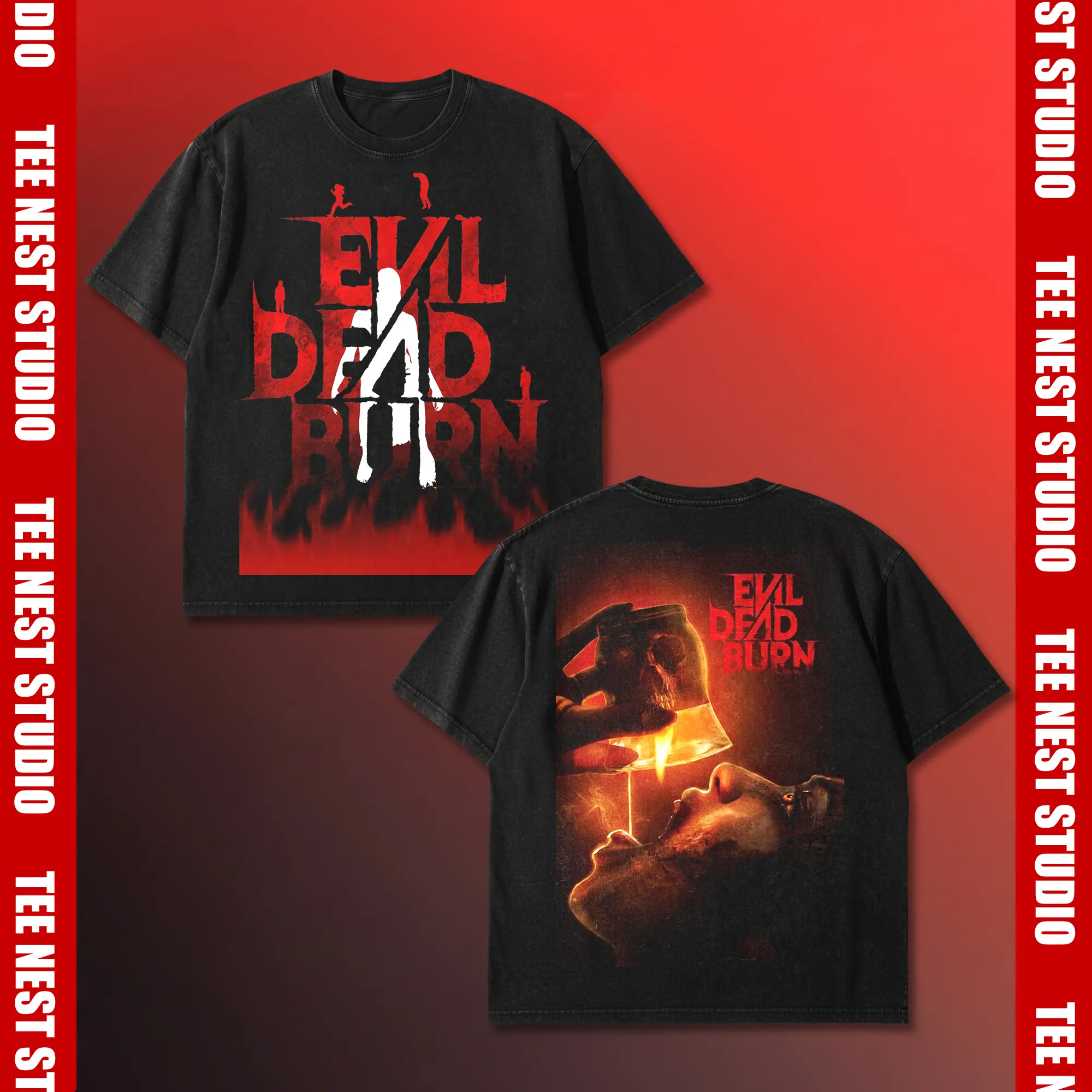 Evil Dead Burn Graphic Shirt, White Silhouette Red Fire Flame T-Shirt, Flaming Skull Bell Back Print Tee, EDR Deadites Cult Horror Fan Gift, Vintage Gothic Horror Buff Community Apparel, Oversized Streetwear