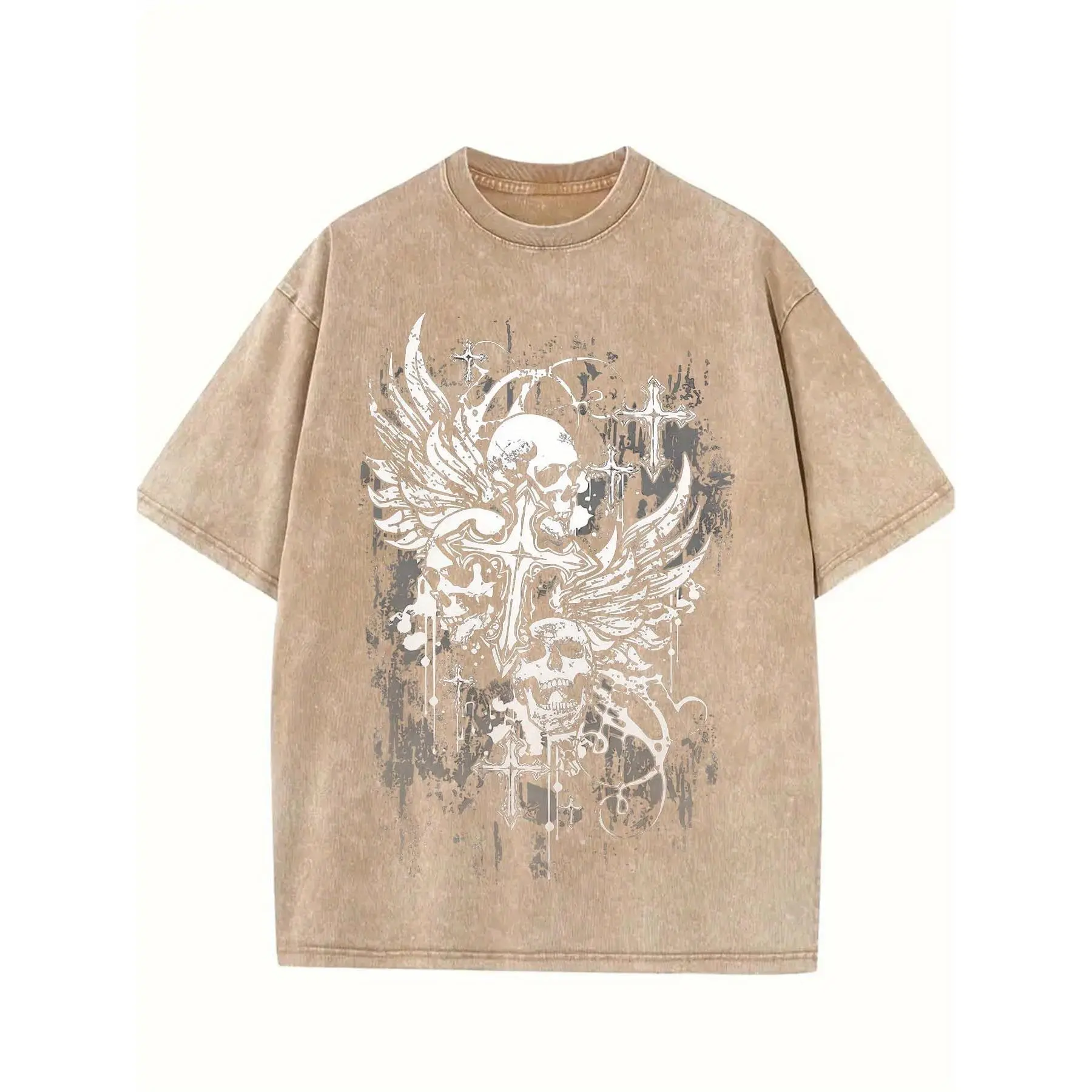 Men'S Gothic Washed Pure T-Shirt Skull Print Shoulder Short Sleeve Y2K Street Clothing T-Shirt Top