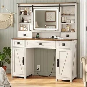AOGLLATI Farmhouse Vanity Dresser Desk with Lights, Charging Station, Mirror & Ample Storage, 47.2” Large Antique White/Brown Vanity Table with Sliding Mirror (Mother’s Day Gift Option)