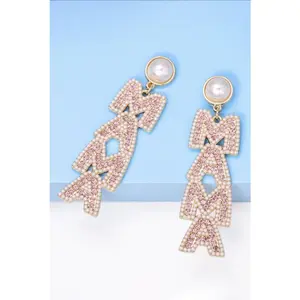 Apricot Pink MAMA Rhinestone Pearl Dangle Stud Earrings