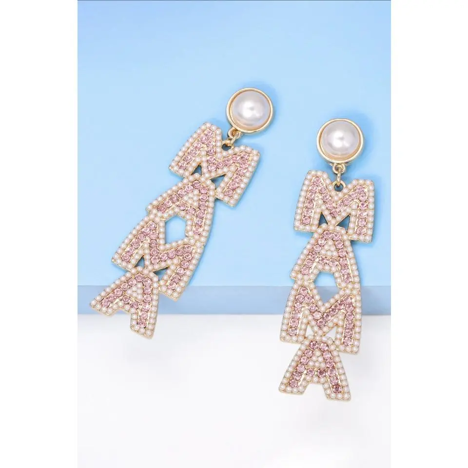 Apricot Pink MAMA Rhinestone Pearl Dangle Stud Earrings