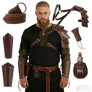 6-Piece Viking & Medieval Costume Set, Steam Punk Style Faux Leather Shoulder Cape, Waist Bag, Sword Belt, Coin Pouch, Unisex Halloween Props
