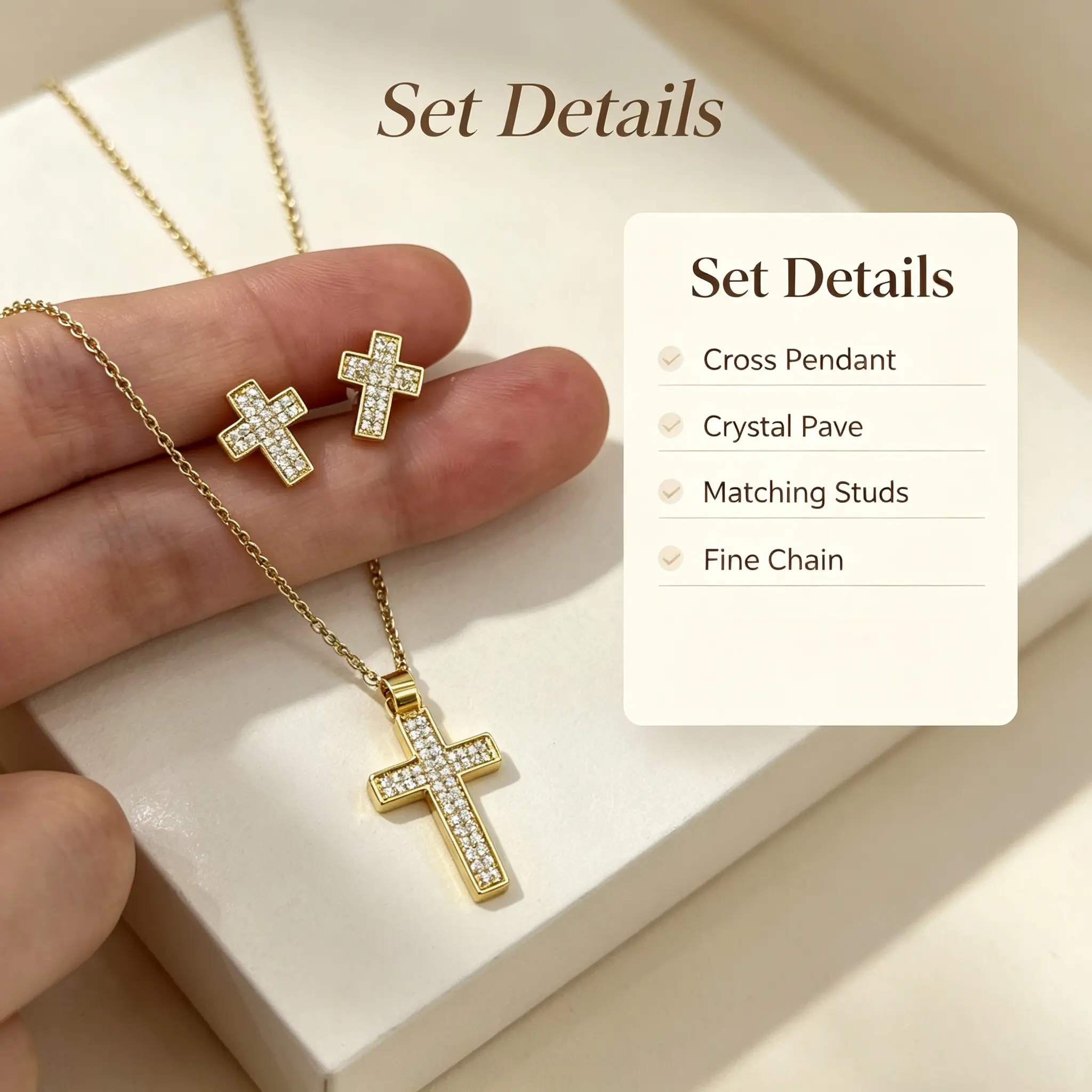 18K Gold Plated Full Pave Crystal Cross Jewelry Set for Women, Cross Pendant Necklace with Matching Cross Stud Earrings, Classic Religious Fashion Jewelry
