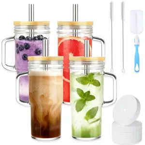 4 Pack Glass Tumbler Cups with Handle, 24oz Bubble Tea Cup with Bamboo Lid& Wide Straws,Reusable Mason Jars with Wide Mouth Iced Coffee Cup, Drinking Glasses for Smoothie,Bubble Tea