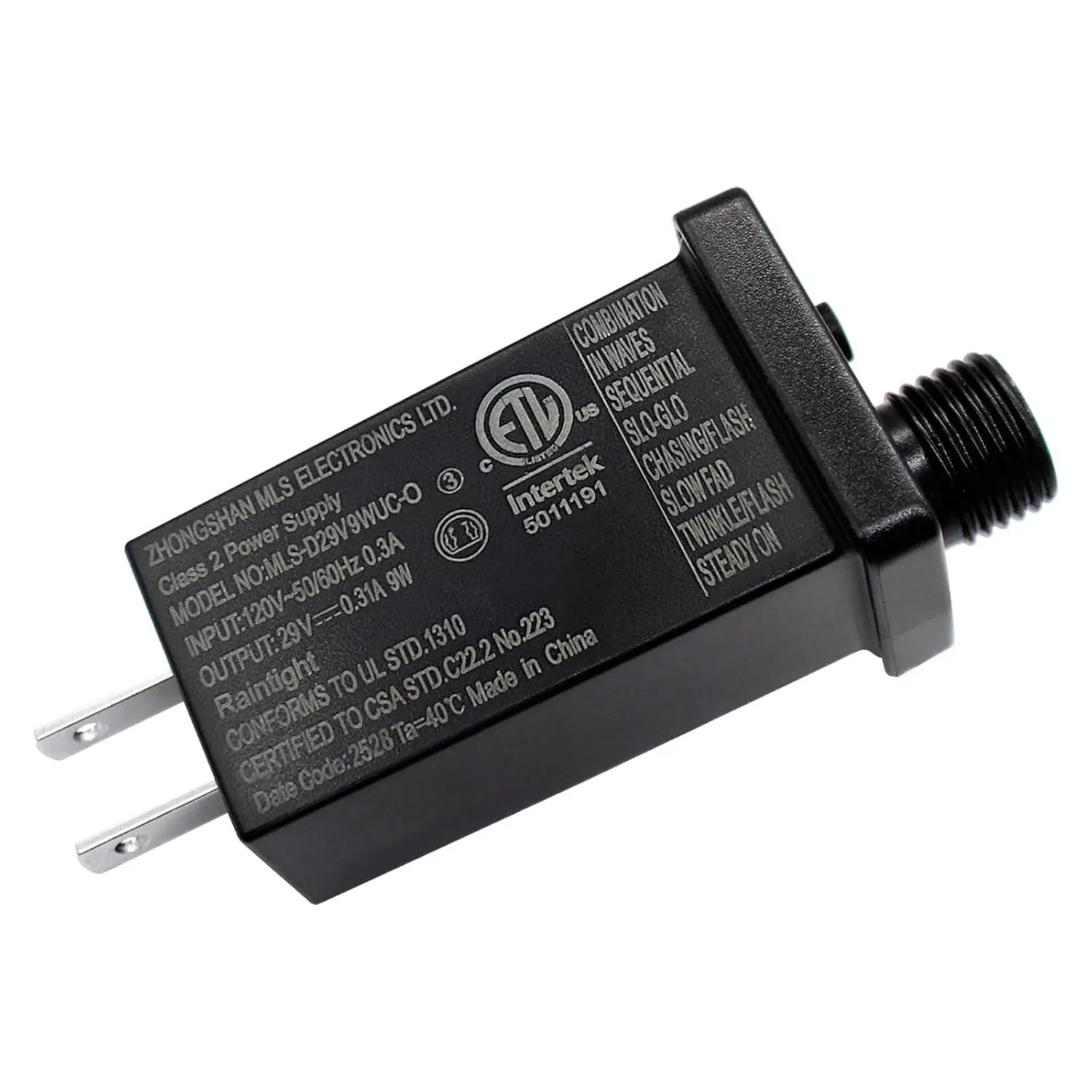 Transformer Class Two LED Power Supply, Waterproof IP44 Low Voltage Seasonal Use LED Driver US CA Plug for Christmas String Light (29V/9W)