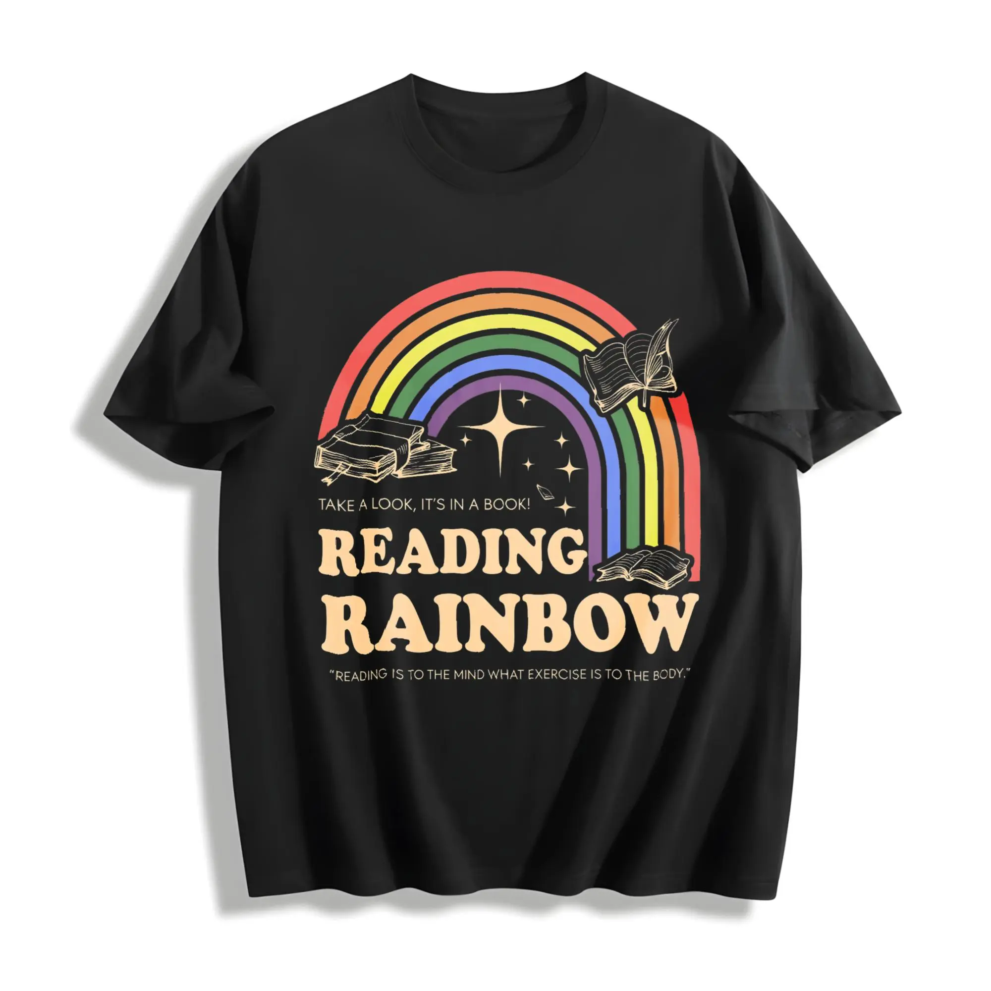 Men's Vintage Reading Rainbow Graphic T-Shirt, Oversized Casual Tee in Soft Cotton Fabric, Short Sleeve Streetwear, Shortsleeve, Menswear, Tshirts, Baggy Graphic, Round Neck, Gym, Cold Wash, Tops, Clothes, Loose-Fitting, Machine Washable, Do Not Dry Clean