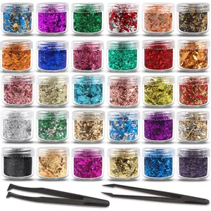 Gold Flakes for Resin - 30 Metallic Colors, Craft Foil with Tweezers for Resin Art, Nail Art, Jewelry & Candle Making