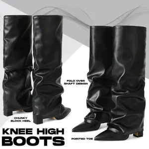 Fold Over Boots for Women Knee High Boots Block High Heel Almond Pointed Toe Boots Pull-on Wide Calf Summer Boots For Women