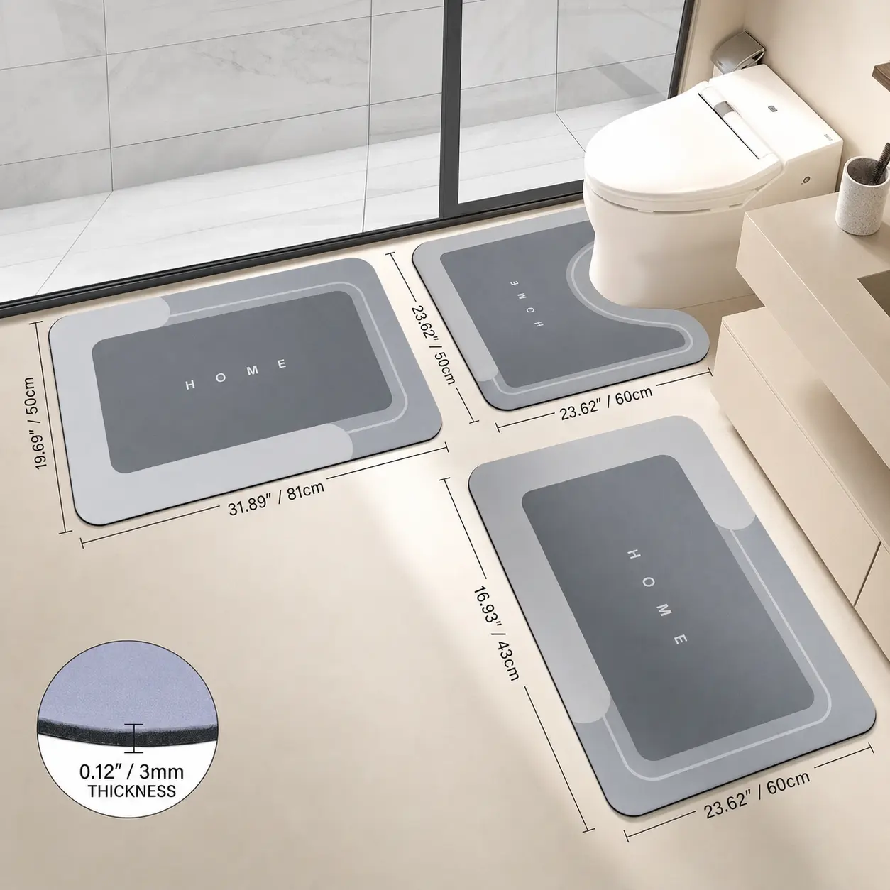 Bathroom Toilet Mat 3 Piece Non-Slip Water Absorbent Bathroom Rug Sets, Quick Drying Diatomite Stone Bath Mat, U-Shaped Contour Rug for Sink Shower Toilet, Soft Gray Bathroom Floor Mats