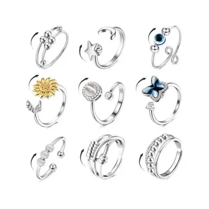 9 anxiety rings for men and women, rotating rings to relieve stress, adjustable open flower moon star design, stackable rings
