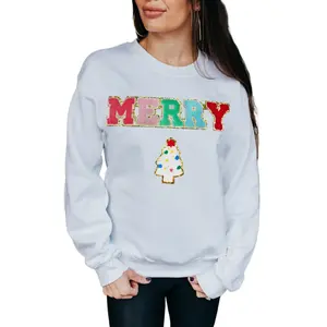 Women's Beige MERRY Christmas Tree Chenille Patch Graphic Sweatshirt