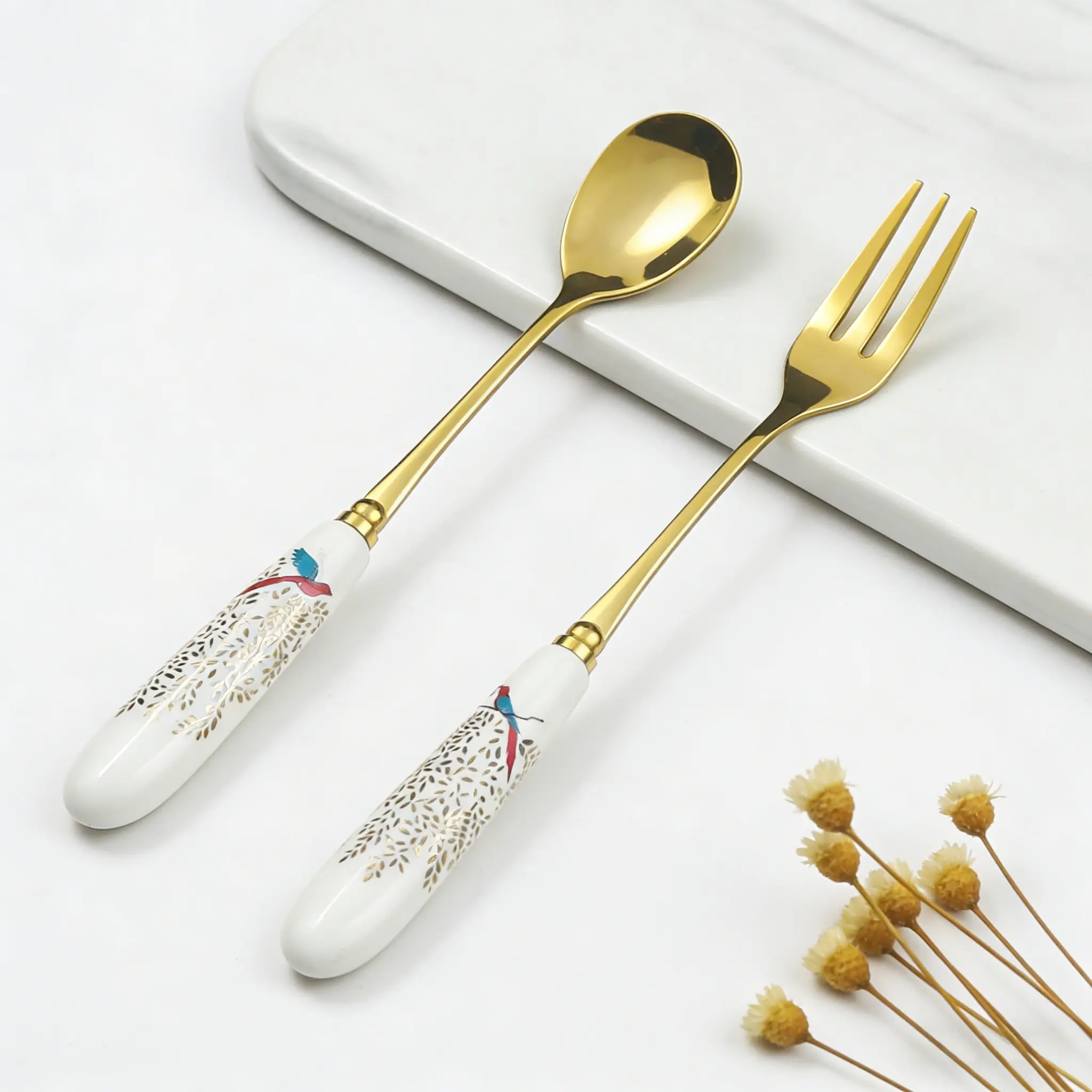6 Pcs Dessert Forks and Spoons Set,Stainless Steel Cutlery Forks,Mini Coffee Spoons Pastry Forks with Porcelain Handles,Cake Fork Tea Spoons for Dessert Appetizers,Salad,Fruit