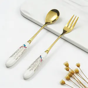 6 Pcs Dessert Forks and Spoons Set,Stainless Steel Cutlery Forks,Mini Coffee Spoons Pastry Forks with Porcelain Handles,Cake Fork Tea Spoons for Dessert Appetizers,Salad,Fruit
