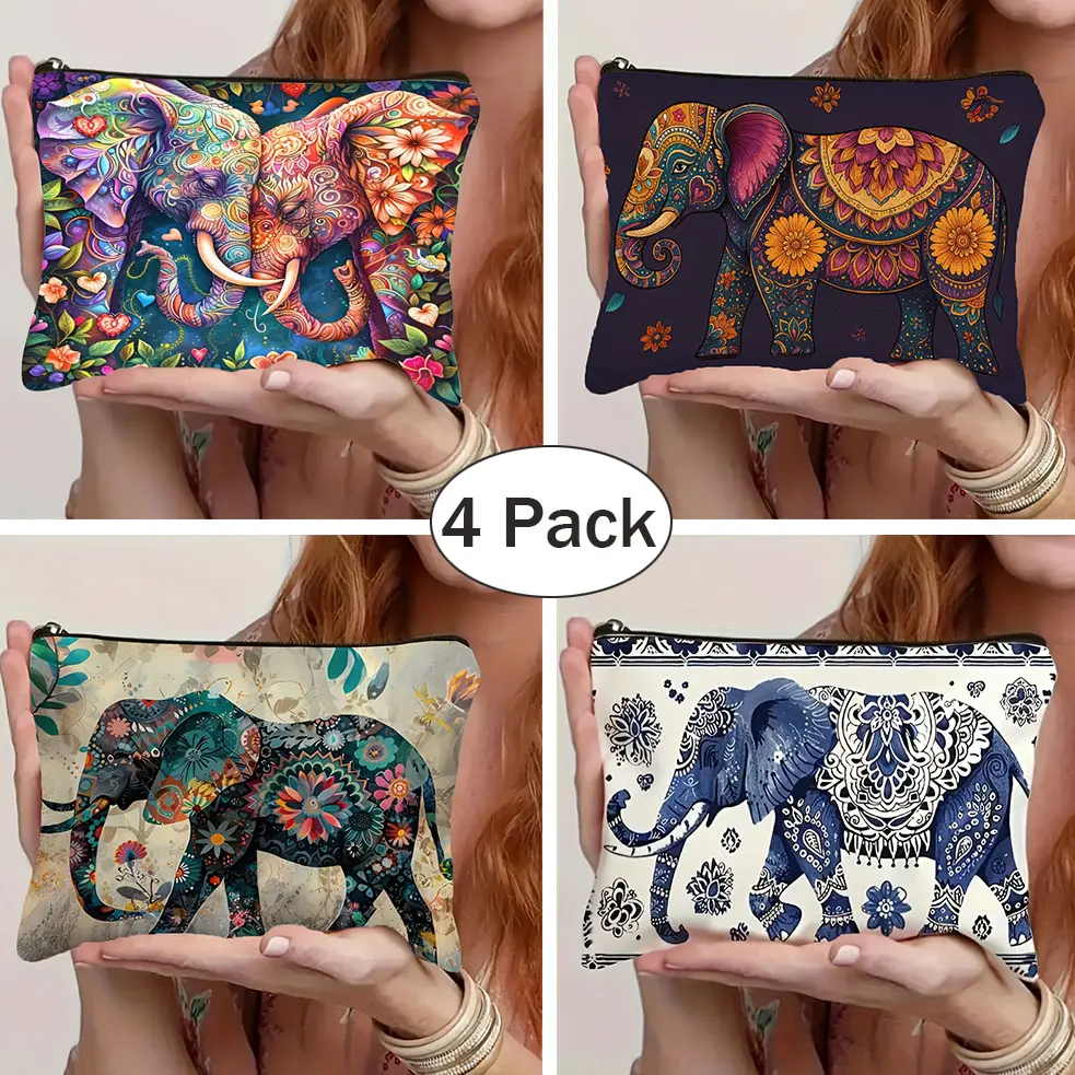4 Pack Elephant Makeup Bag With Zipper, Ethnic Style Floral Elephant Print Lightweight Foldable Travel Cosmetic Bag And Women Toiletry Storage Bags