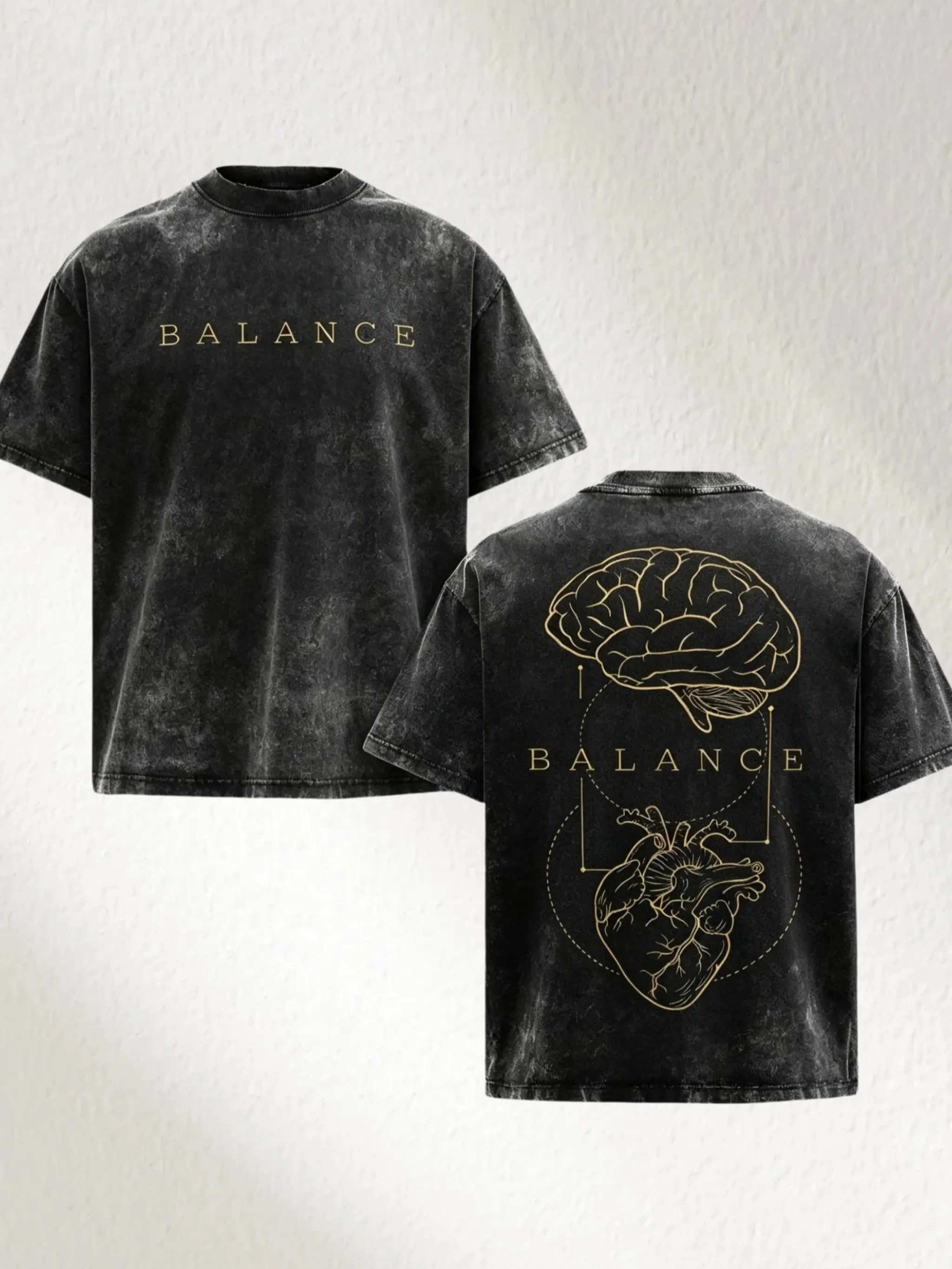 Men's BALANCE Double-Sided Brain & Heart Graphic Print Washed Vintage Oversized T-Shirt, Casual Streetwear Loose Fit Tee, Breathable Summer Top #DoubleSidedPrintTee #BalancePrintTShirt #WashedOversizedTee #StreetwearCasualTop #TikTokMa Tshirt Clothes Mens
