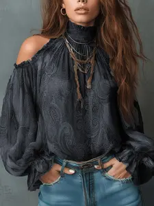 Women's Vintage Off-Shoulder Paisley Pattern Shirt Top, Elegant Retro Design, Perfect for Casual & Formal Wear, Unique Fashion Piece