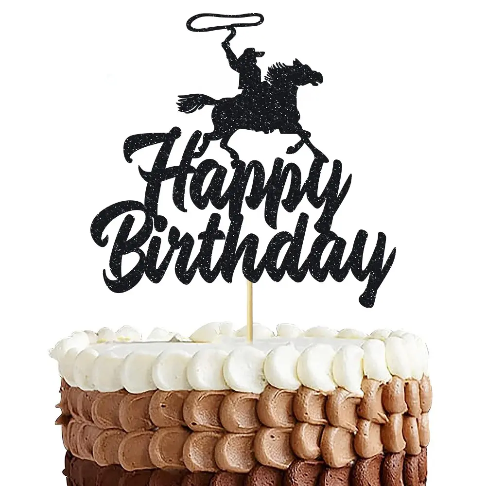 1pcs Western Cowboy Happy Birthday Cake Topper Glitter Riding Cowboy Cake Decorations Western Theme Happy Birthday Party Decoration for Cowboy Birthday Sign Birthday Decor Party Decor Party Supplies