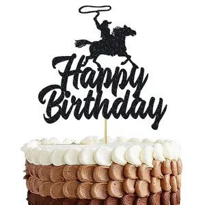 1pcs Western Cowboy Happy Birthday Cake Topper Glitter Riding Cowboy Cake Decorations Western Theme Happy Birthday Party Decoration for Cowboy Birthday Sign Birthday Decor Party Decor Party Supplies
