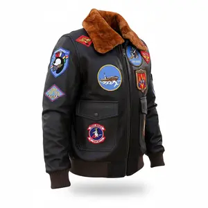 Men’s Brown Biker Bomber Jacket with Signature Patches