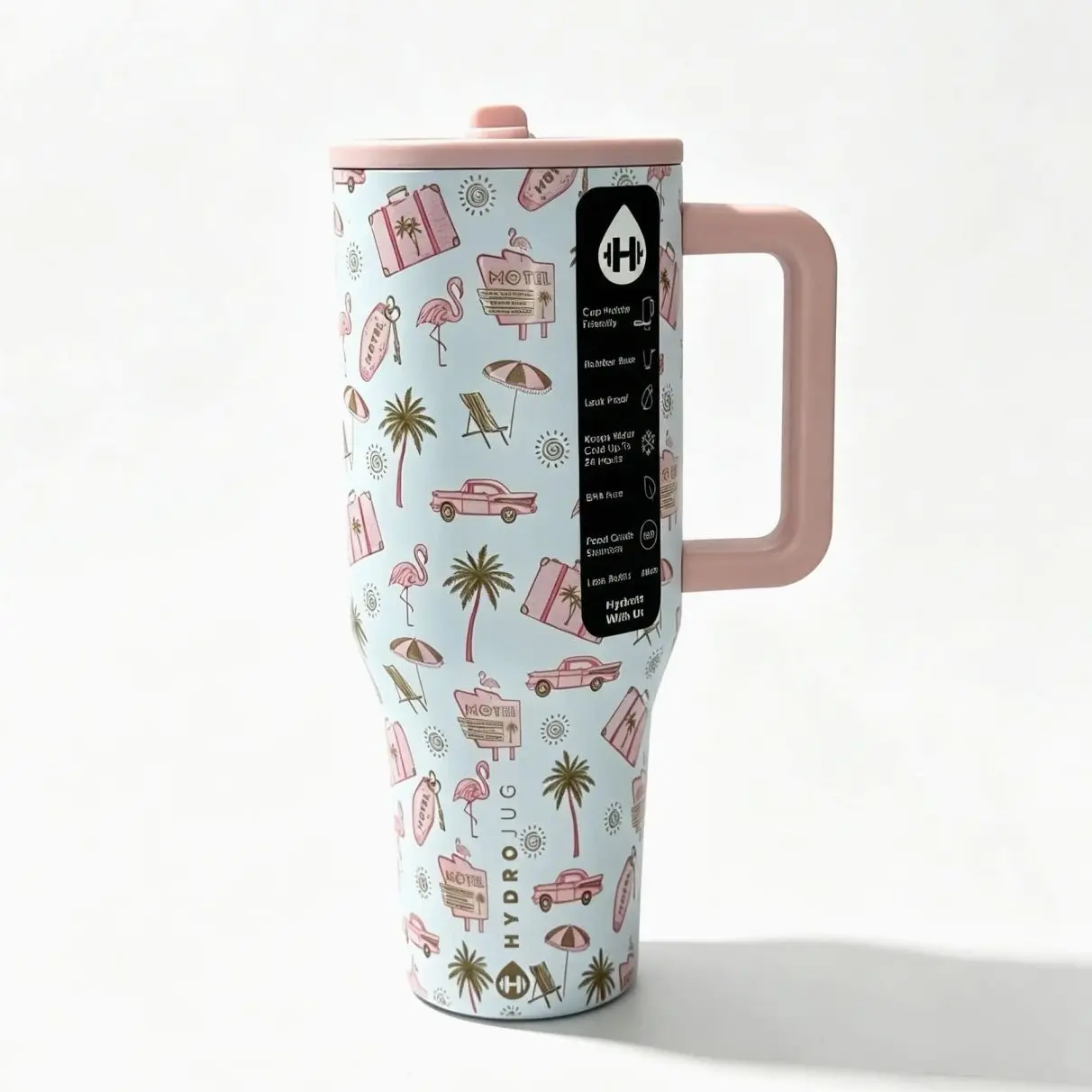 HydroJug 40oz Retro Palm Springs Motel Print Water Bottle - Leakproof Insulated Stainless Steel Tumbler with Pastel Pink Handle, Straw Lid, 24hr Cold Retention - Vintage Florida Road Trip Vacuum Flask Drinkware