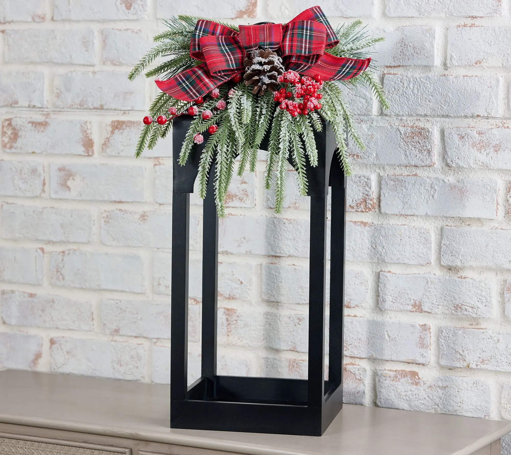 23" Wood Open Concept Lantern with Ribbon Embellishment by Valerie
