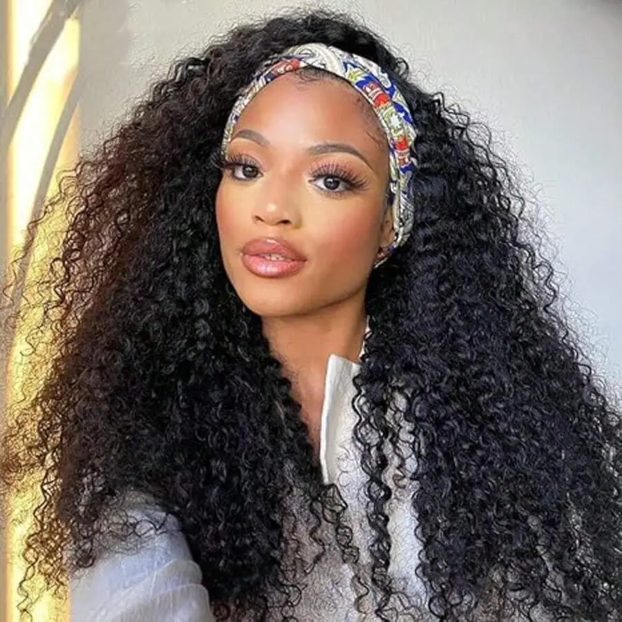 MYLOCKME Hair 180 Density Kinky Curly Headband Wig Human Hair Easy To Wear Curly Glueless Wigs For Women Real Hair Wigs Full Machine Made Wigs Natural Black Hair