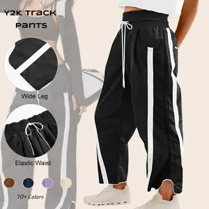 Women's Baggy Wide Leg High Rise Elastic Waist Workout Parachute Pants Beige Wideleg Casual Drawstring Y2K Track Bottom