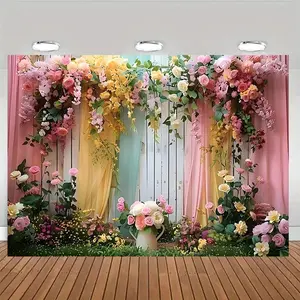 Floral Pattern Wedding Curtain Background Banner, 1 Count Colorful Flower Pattern Backdrop, Photo Booth Background, Home Decoration, Indoor and Outdoor Decoration, Ornaments, Wedding Arched Backdrop