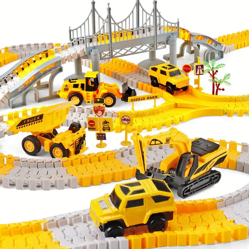 Construction Vehicle Track Playset with Suspension Bridge, Excavator, Dump Truck, Loader, Toy SUVs and Traffic Signs for Kids