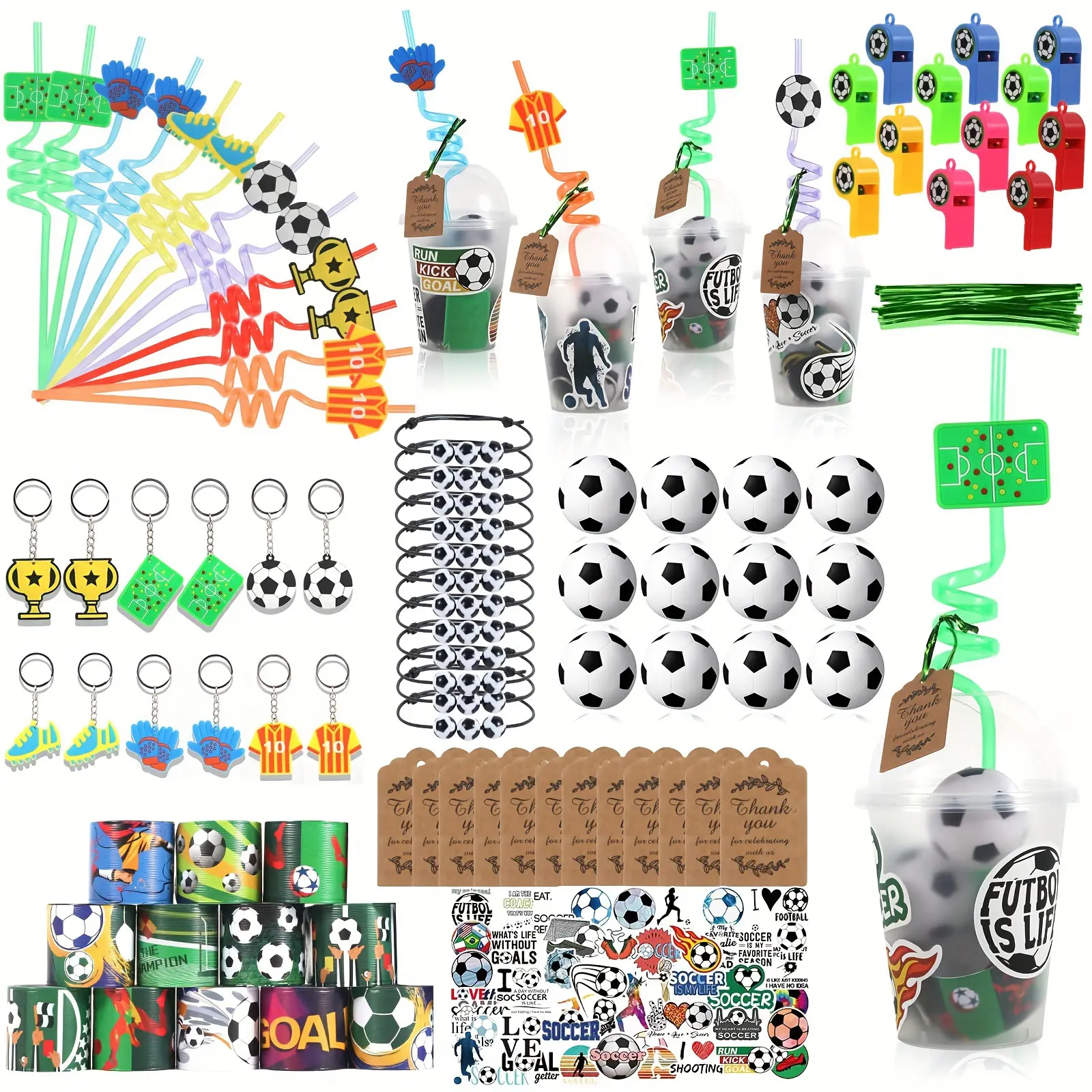 158-Piece Football Theme Party Favors Kit with Cup Straws, Stress Balls, Keychains, Stickers, Slap Bracelets, Whistles, Thank You Tags for Soccer Birthday Decorations, Halloween Gifts, DIY Supplies