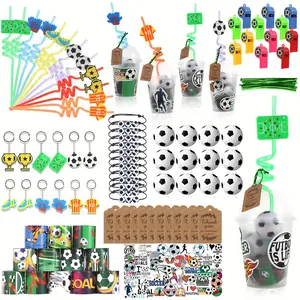 158 Pcs Soccer Party Favors with Cup Straw Stress Ball Keychain Sticker Slaps Bracelets Whistle Thank You Tags for Soccer Birthday Decorations