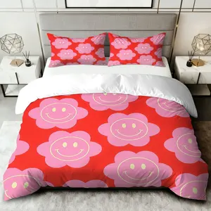 3PCS Duvet Cover Set, 1 Duvet+2 Pillowcases(Without filler), Pink Flower Happy Smiley Joy Mood Cheerful theme, Valentine's Day bedding set, Slumber Party Colorful Decor Cozy Suitable for decoration Bedroom Living Room Guest Room