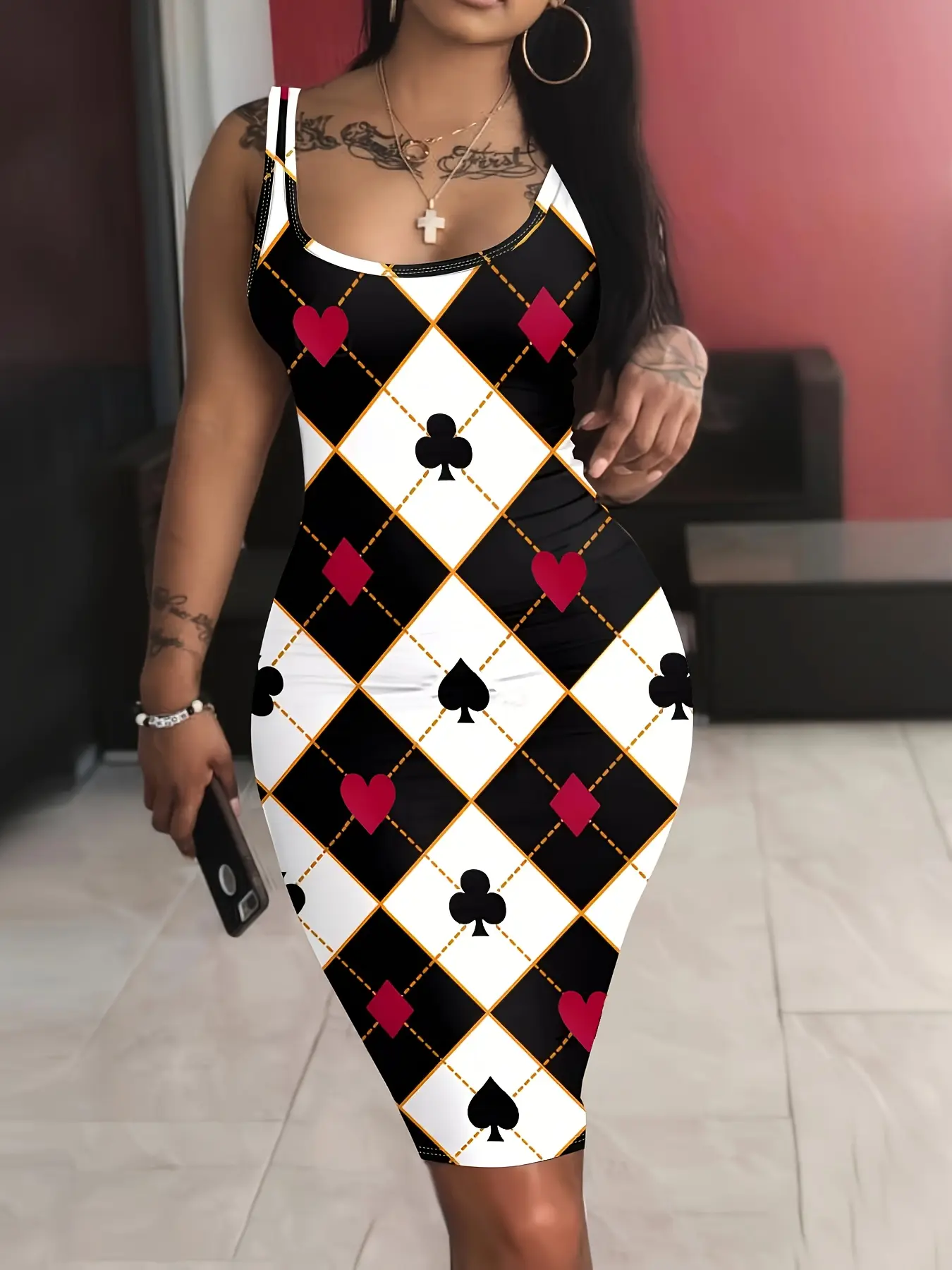 Women's Poker Spade Element Personalized Print Casual Chic Sleeveless Spaghetti Strap Dress, Fitted Geometric Pattern, Stylish and Comfortable, Perfect for Daily Wear, Casual Dresses, Womenswear