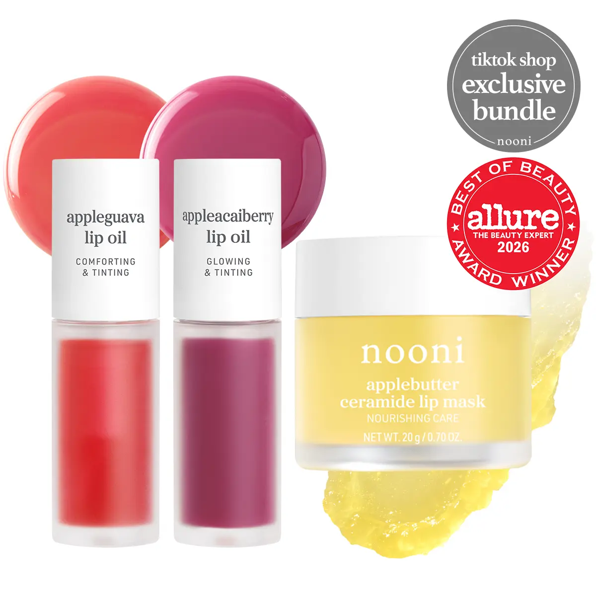 Nooni Korean Apple Lip Oil + Lip Mask Bundle | Glossy Lip Stain, Tinting & Long Lasting, Moisturizing Lip Care, Lip Balm Hydrating Nourishing Soothing Lipgloss Makeup Smooth Oil Moisture Glossy Plump Transfer-proof