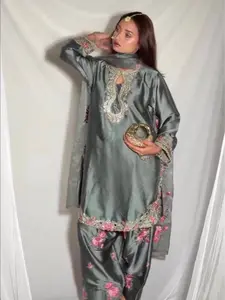 Luxury Grey Satin Embroidered Kurta 3PC Set with Floral Farshi Salwar & Dupatta