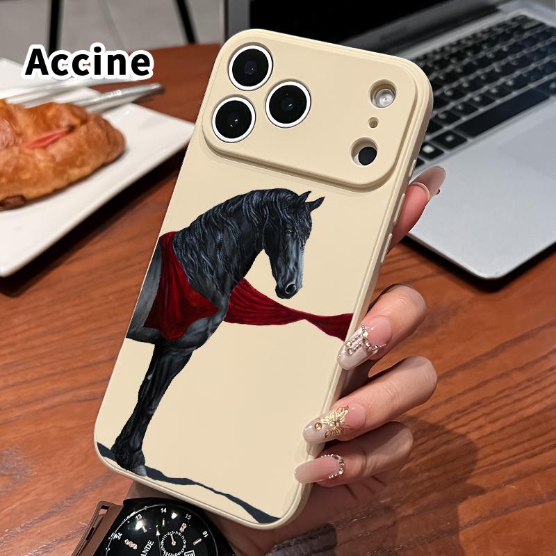 Straight Edge Phone Case for iPhone 17 16 Pro Max 15 Plus 14 13 12 11 Air XS XR E Black horse with red cloth Pattern Anti-Scratch Shockproof Soft Silicone Protective Cover