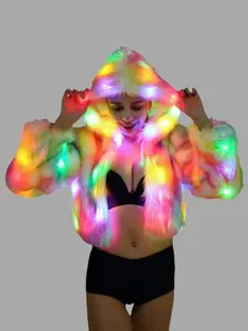 Women's Faux Fur Short Hooded Jacket, Rainbow Stripe Cosplay Anime Costume, Halloween LED Light Up Fox Fur Coat (Without battery)