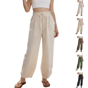 Tanming Women's Linen Wide Leg Pants Bohemian Style Loose Casual Capri Pants Lightweight and Breathable Elastic Waistband with Pockets StyleSpringfresh