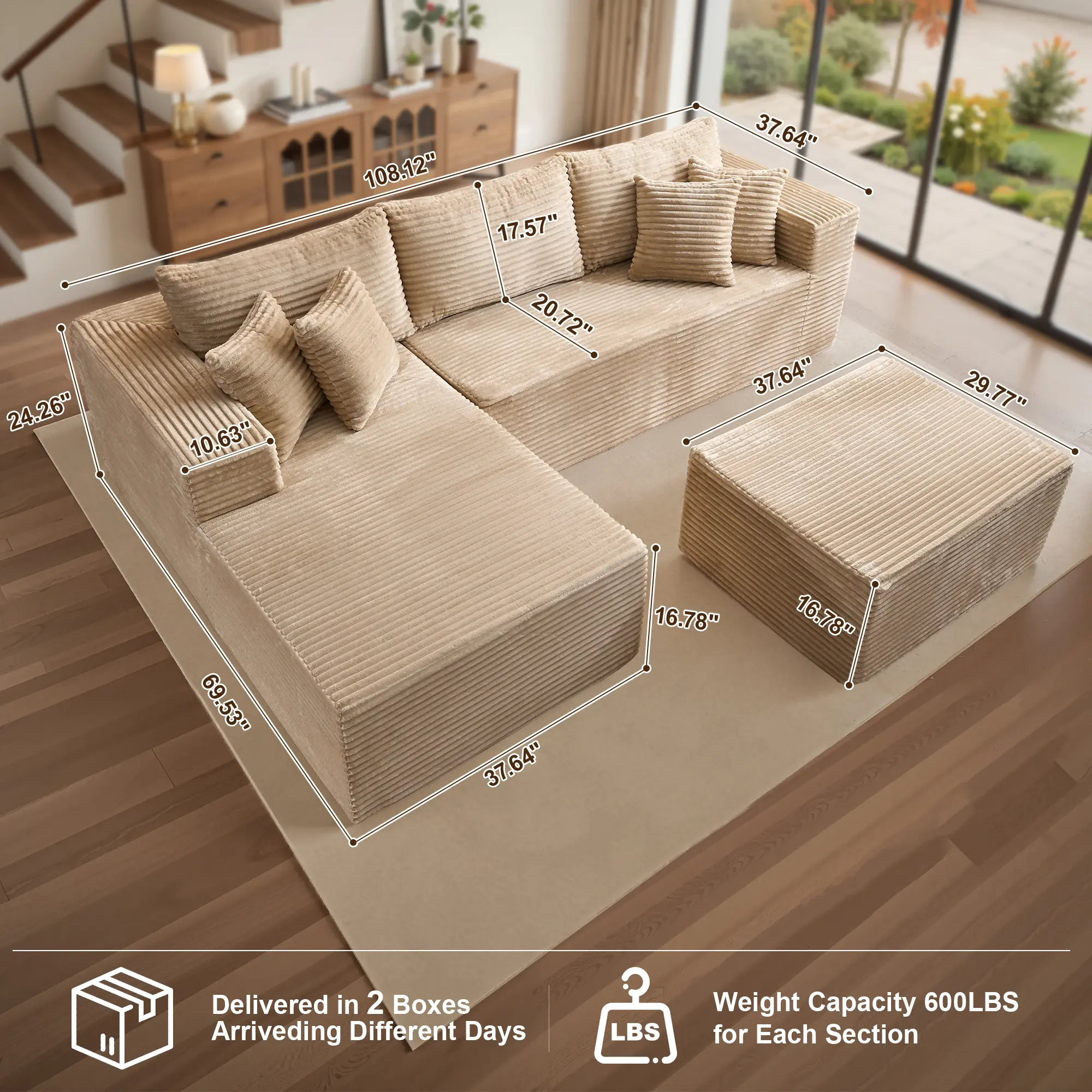 Beige Left-Chaise Sofa with Ottoman