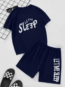 Men's Simple Style Casual Pajama Set, Includes Matching Short Sleeve Shorts, Letter Print, Suitable for All Seasons