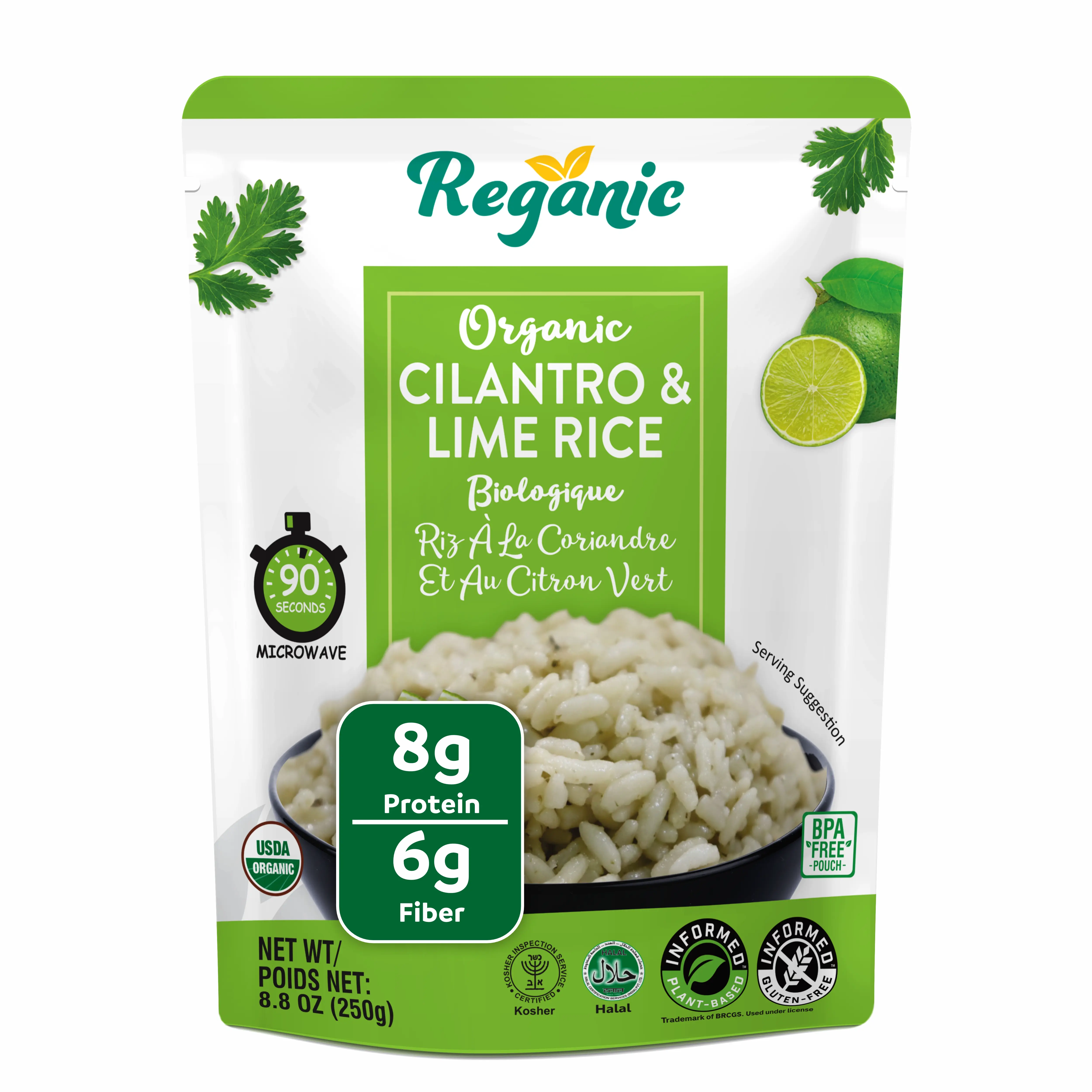 Regganic Organic Cilantro & Lime Rice – Ready to Eat USDA Organic Rice | 8g Protein & 6g Fiber | Microwave in 1.5 Minutes | Vegan Gluten-Free Non-GMO | Pack of 6