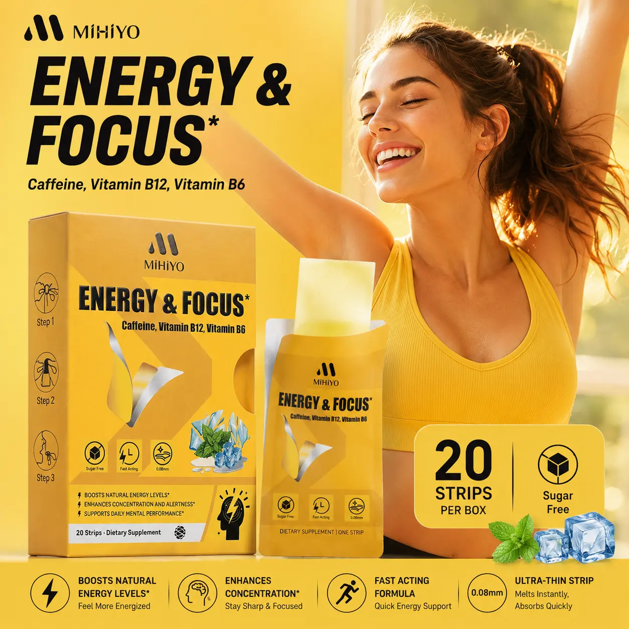 MIHIYO Energy & Focus Dissolvable Oral Strip, Sugar-Free, 15s Fast Melt, Pocket-Sized